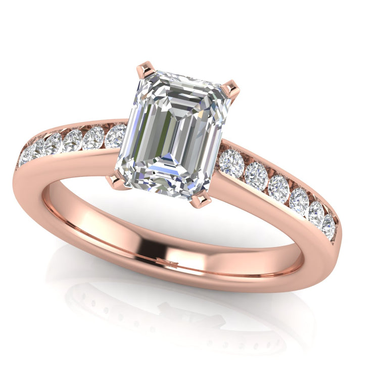 Round Channel Set Emerald Cut Lab Diamond Engagement Ring