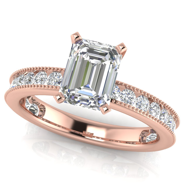 Channel Set Milgrain Emerald Cut Moissanite Engagement Ring