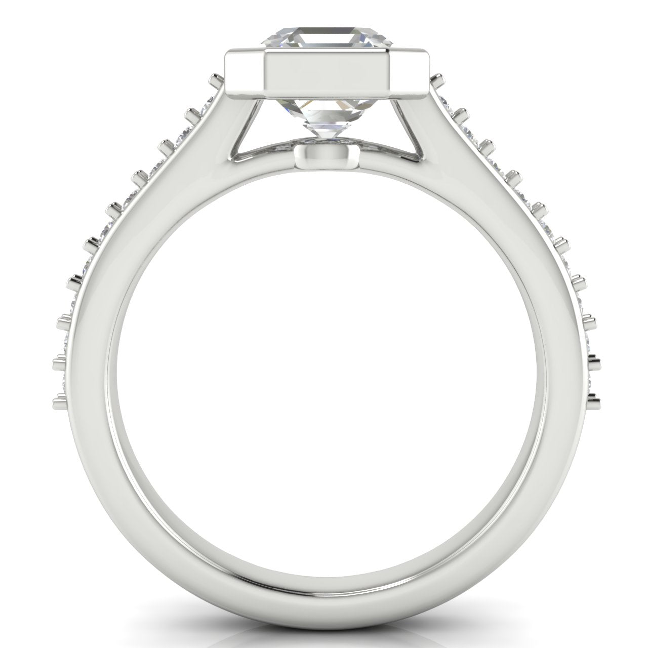 Pave Bezel Set Emerald Cut Moissanite Engagement Ring