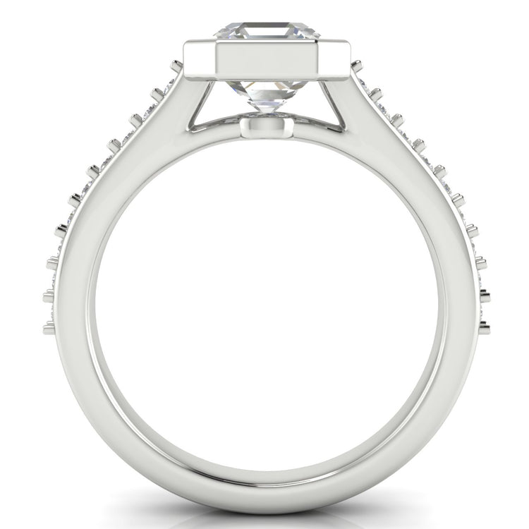 Pave Bezel Set Emerald Cut Moissanite Engagement Ring