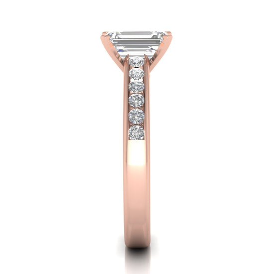 Round Channel Set Emerald Cut Lab Diamond Engagement Ring