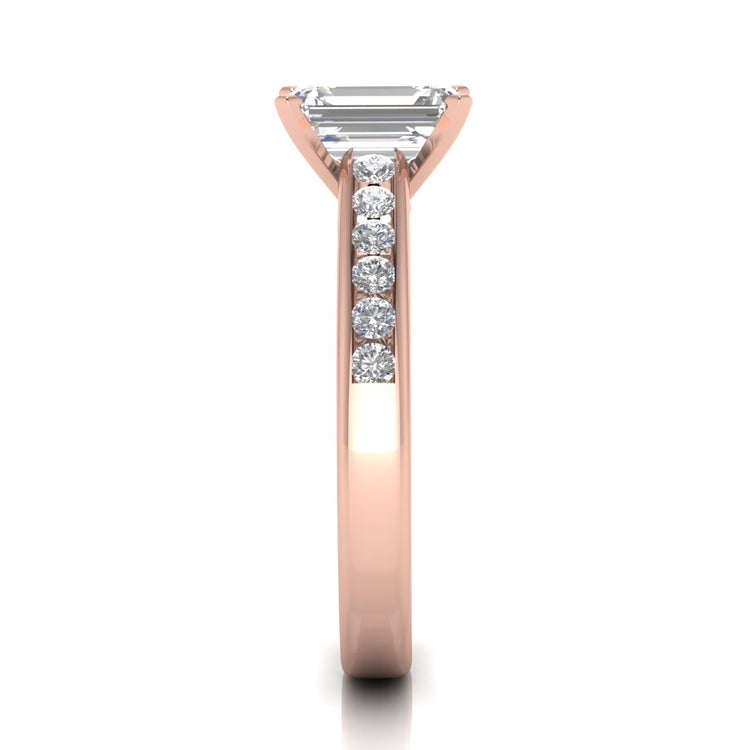 Round Channel Set Emerald Cut Lab Diamond Engagement Ring