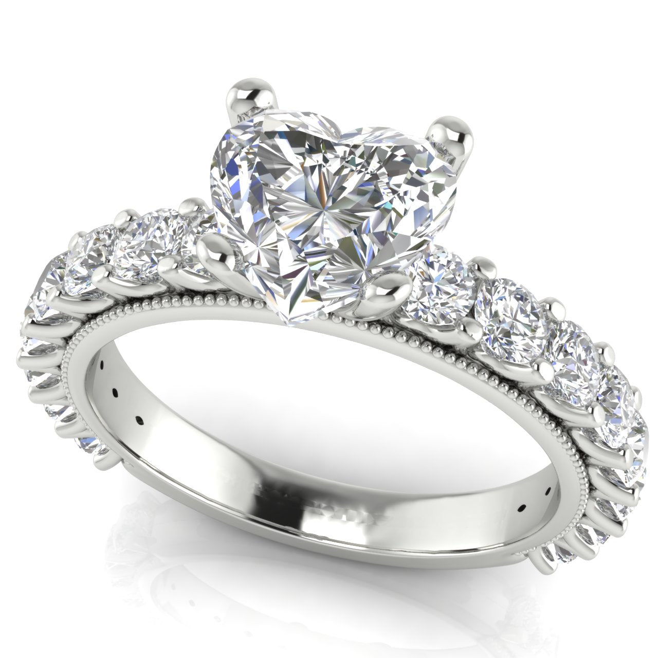 Round Pave Milgrain Heart Shaped Moissanite Engagement Ring