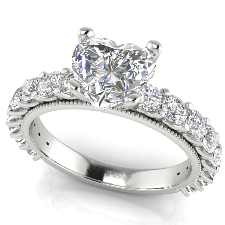 Round Pave Milgrain Heart Shaped Moissanite Engagement Ring