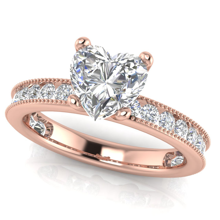 Channel Set Milgrain Heart Shaped Lab Diamond Engagement Ring