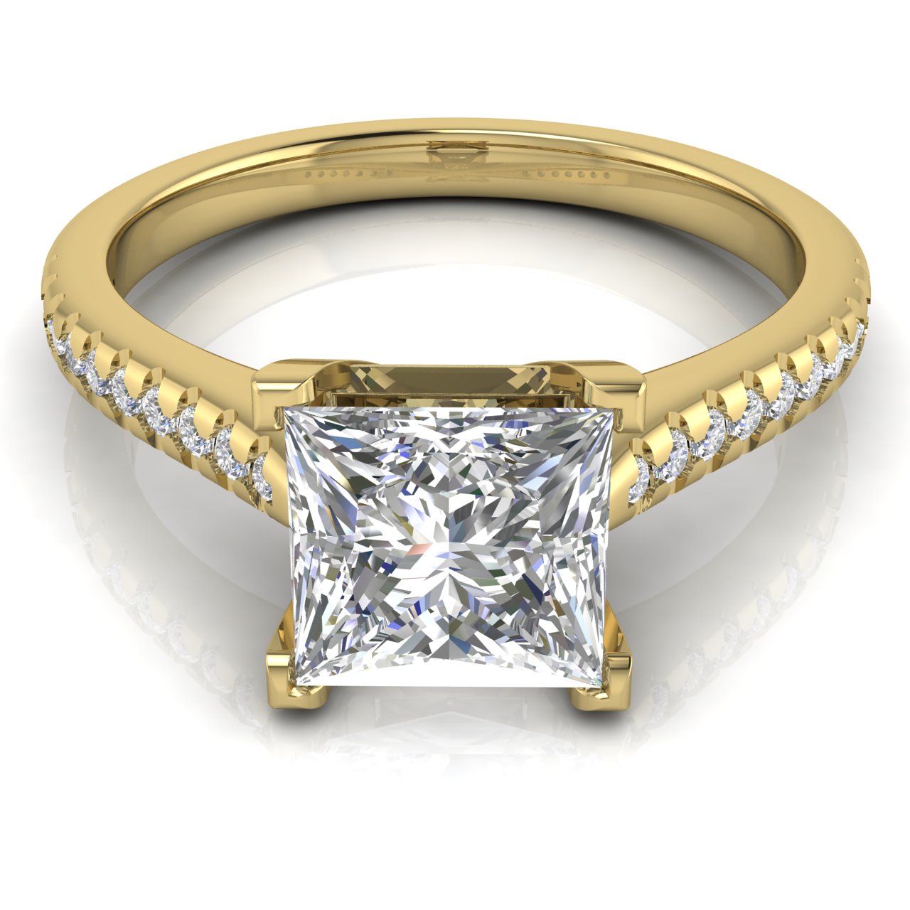 Shared Prong Pave Princess Cut Moissanite Engagement Ring