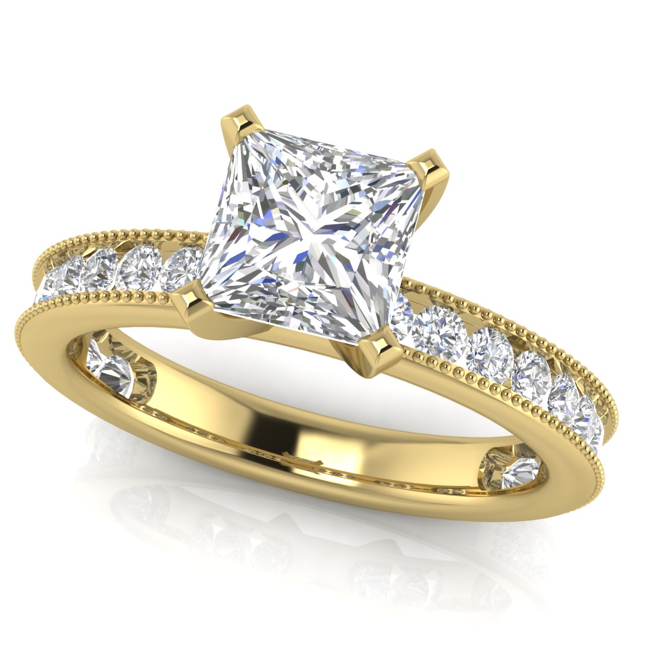 Channel Set Milgrain Princess Cut Moissanite Engagement Ring