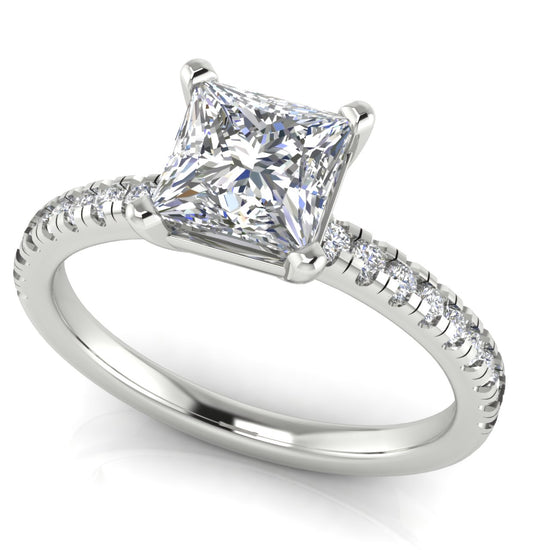 French Pave Basket Princess Cut Lab Diamond Engagement Ring