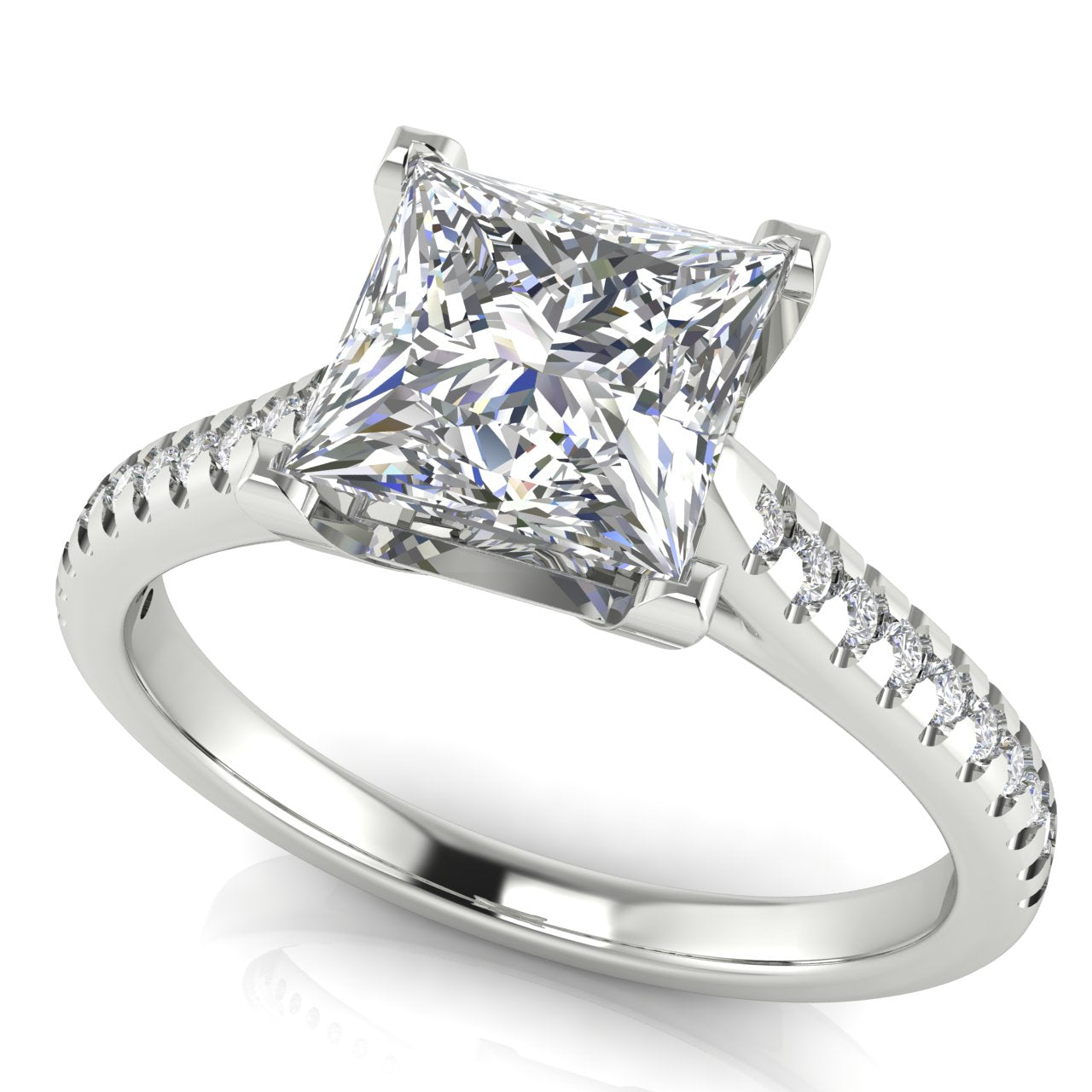 Shared Prong Pave Princess Cut Moissanite Engagement Ring