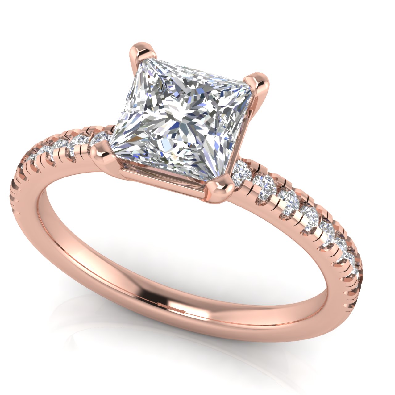 French Pave Basket Princess Cut Lab Diamond Engagement Ring