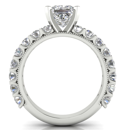 Round Pave Milgrain Princess Cut Moissanite Engagement Ring